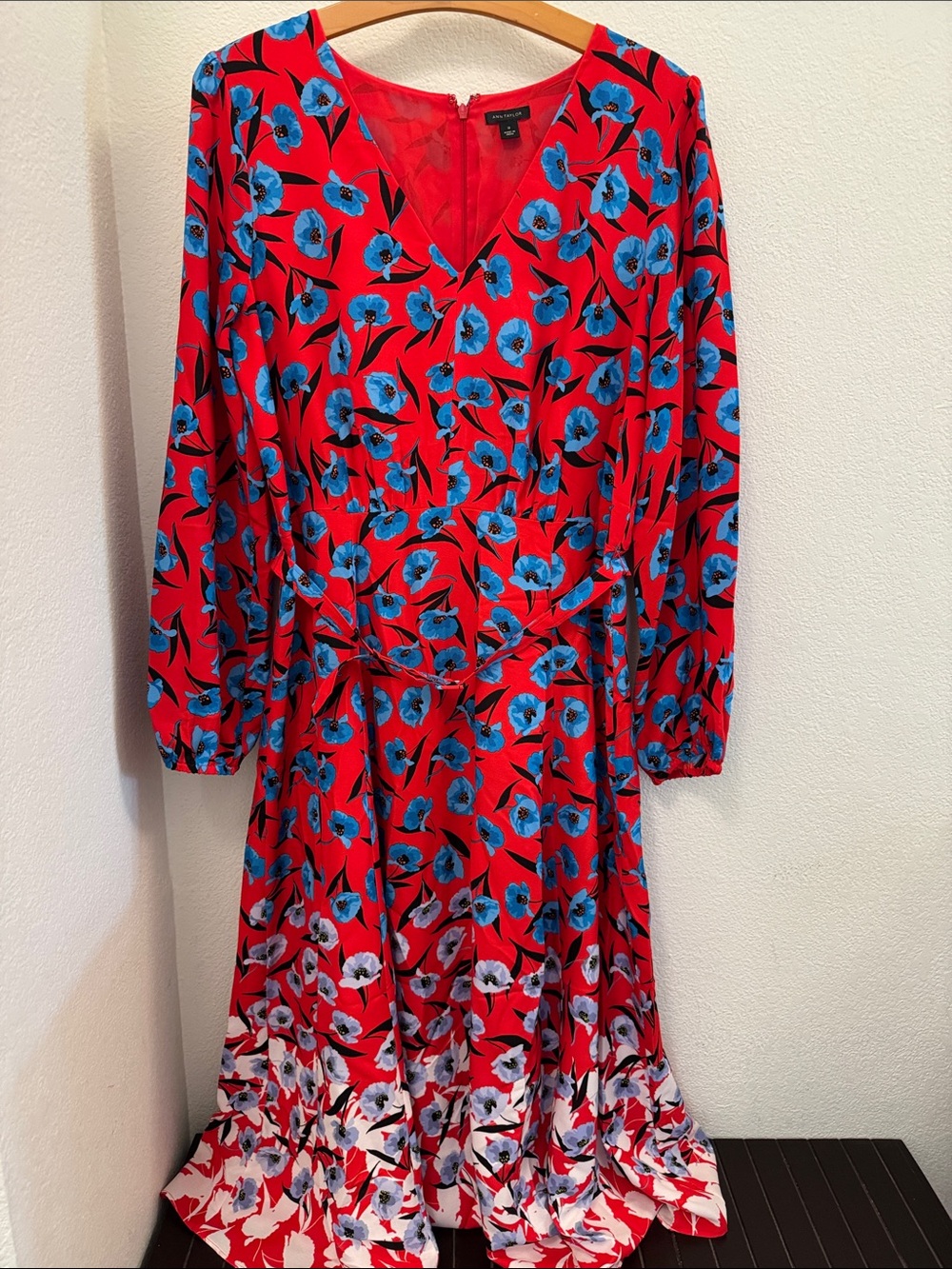 Ann Taylor Red Long Sleeve Floral Midi Dress with Blue & White Flowers
